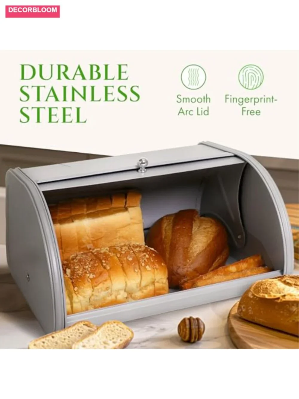 Metal Bread Box for Kitchen Countertop, Roll Top Stainless Steel Storage